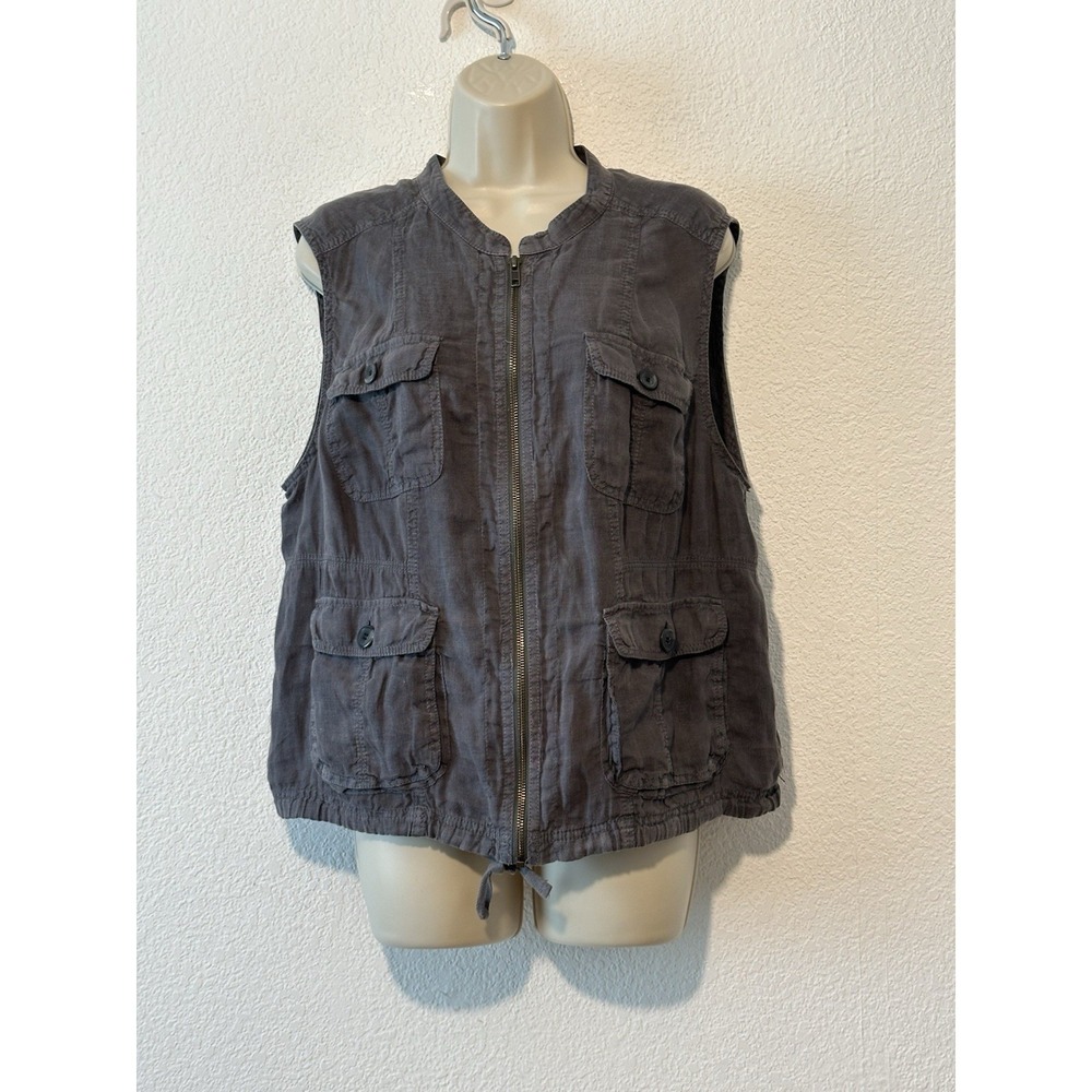 Calson Gray Linen Zip Utility Vest Sleeveless Pockets XLP Core Basic Minimalist